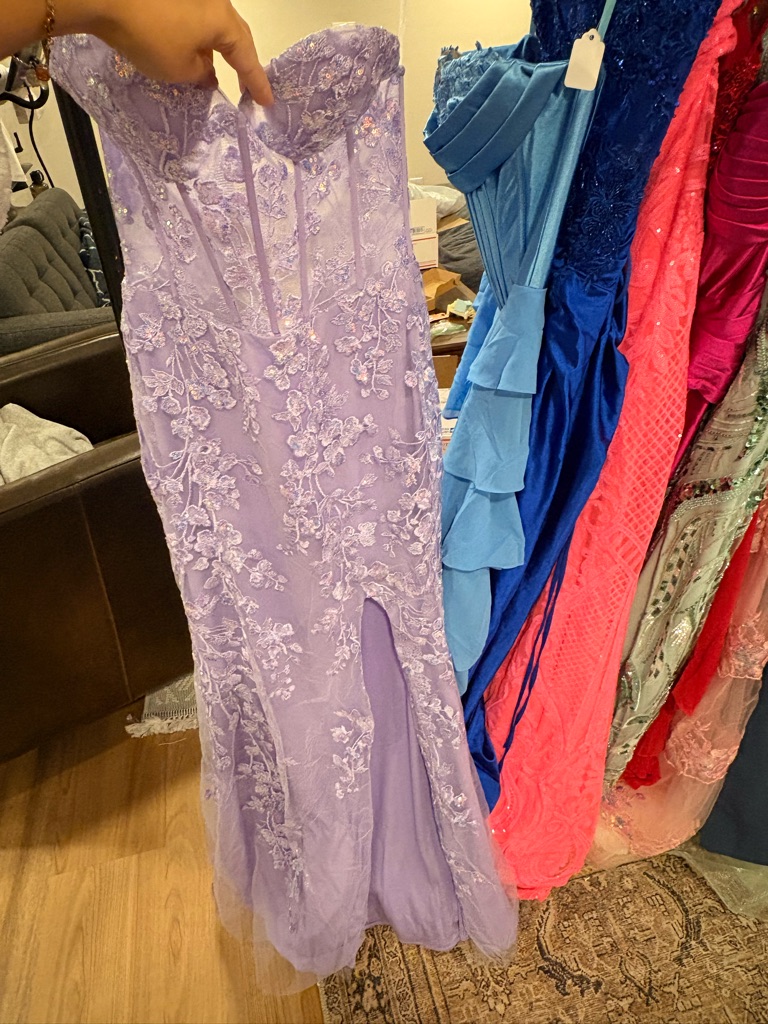 Strapless Lavender Lace Prom Dress With Sheer Corset Embroidered Detail Mermaid